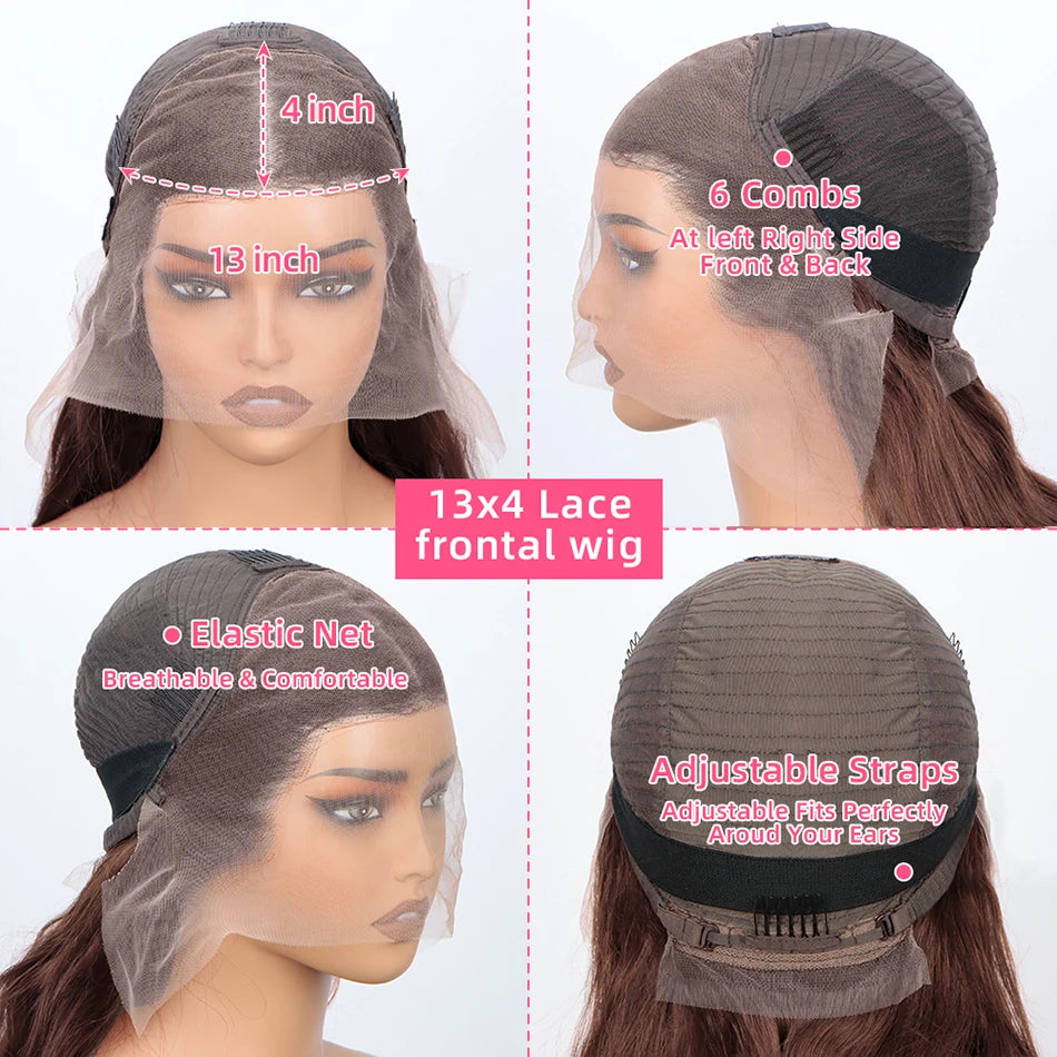 180 Density Straight Brown 13x4 HD Transparent Swiss Lace Brazilian Remy Hair Full Lace Frontal Wigs 100% Human Hair For Women