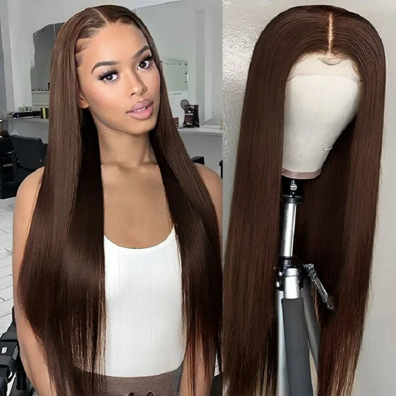 180 Density Straight Brown 13x4 HD Transparent Swiss Lace Brazilian Remy Hair Full Lace Frontal Wigs 100% Human Hair For Women