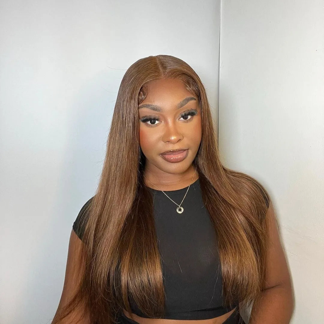 180 Density Straight Brown 13x4 HD Transparent Swiss Lace Brazilian Remy Hair Full Lace Frontal Wigs 100% Human Hair For Women