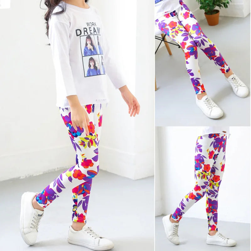 Kids Leggings Spring Autumn Girls Flowers Printing Pants Baby Girl Soft Breathable Legging Children Thin Trousers 2-12Y